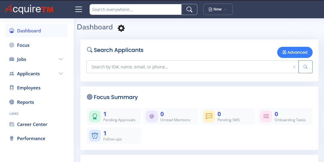The AcquireTM dashboard, showing applicant search and a focus summary of approvals, mentions and onboarding tasks